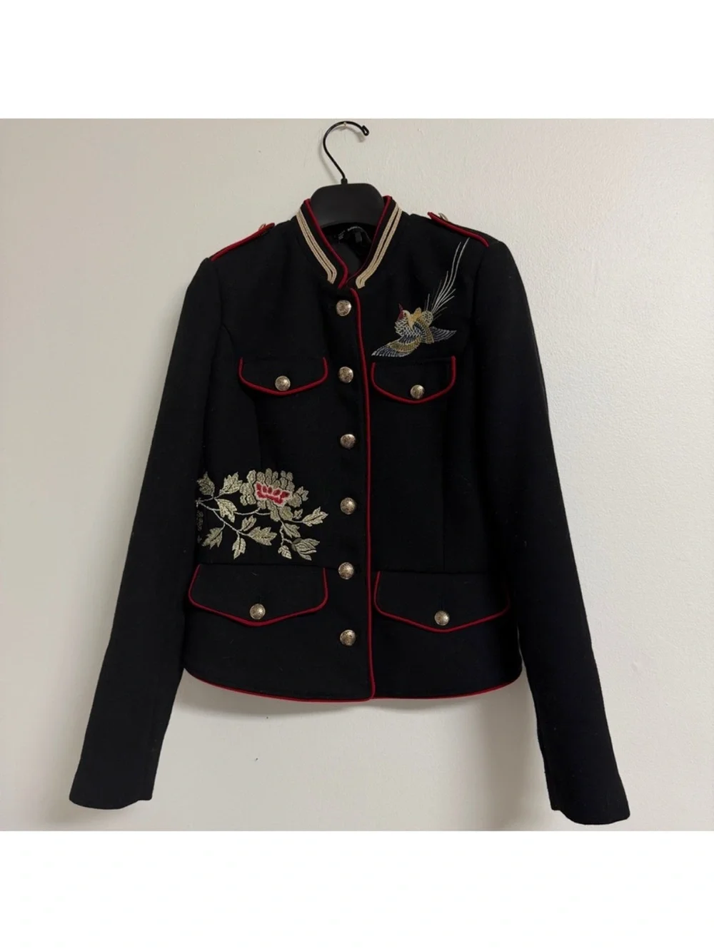 Black Embroidered Military-Style Jacket with Red Trim